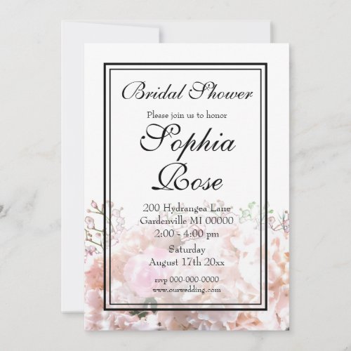 Romantic white lace hydrangeas pink roses bridal  invitation