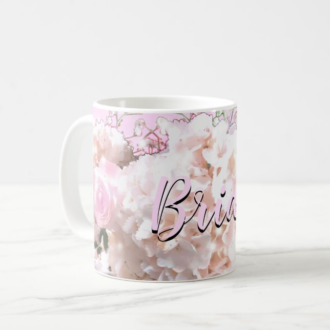 Romantic white lace hydrangeas pink roses Bride Coffee Mug (Front Left)