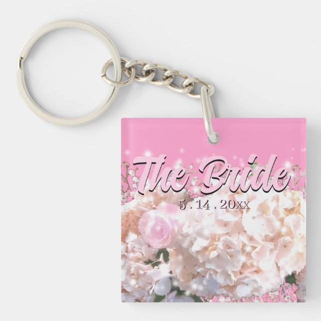 Romantic white lace hydrangeas pink roses Bride Keychain (Front)