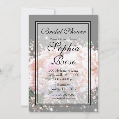 Romantic white lace hydrangeas pink roses invitation