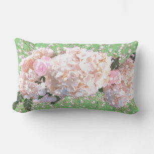 Romantic white lace hydrangeas pink roses lumbar pillow