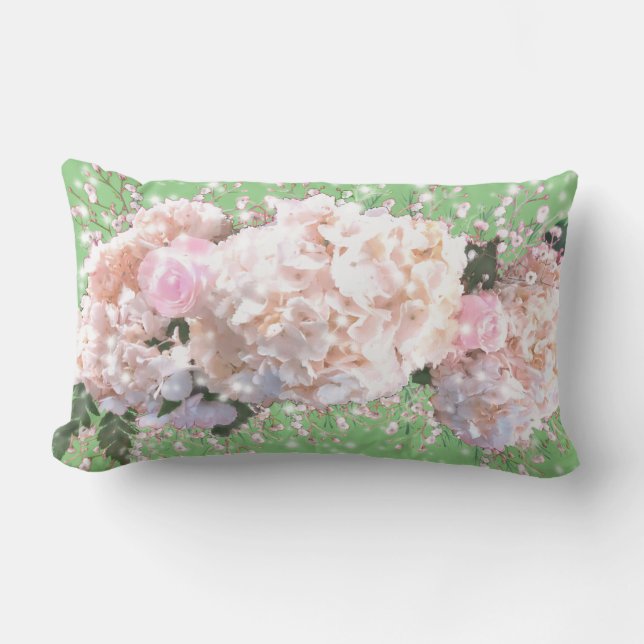 Romantic white lace hydrangeas pink roses lumbar pillow (Front)