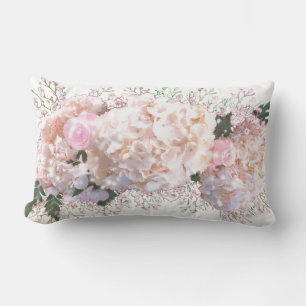 Romantic white lace hydrangeas pink roses lumbar pillow