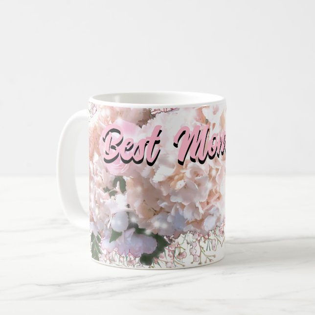Romantic white lace hydrangeas pink roses mom coffee mug (Front Left)