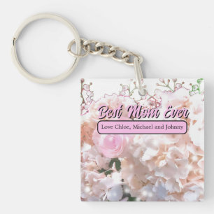 Romantic white lace hydrangeas pink roses mom keychain