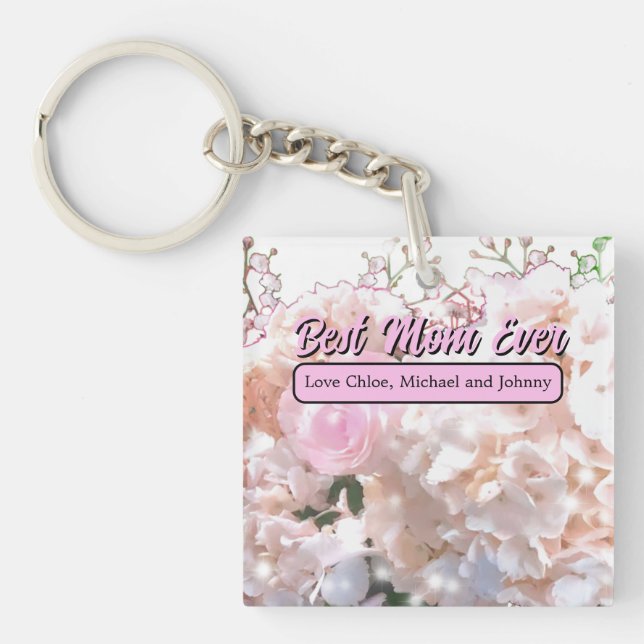 Romantic white lace hydrangeas pink roses mom keychain (Front)