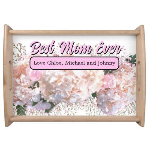 Romantic white lace hydrangeas pink roses mom serving tray