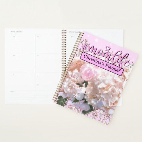 Romantic white lace hydrangeas pink roses momlife planner