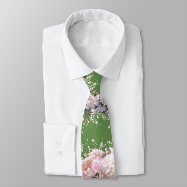 Romantic white lace hydrangeas pink roses neck tie (Tied)