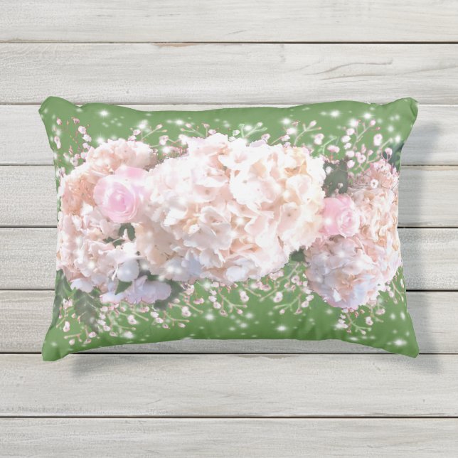 Romantic white lace hydrangeas pink roses outdoor pillow (Front)