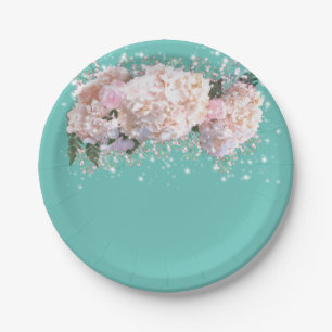 Romantic white lace hydrangeas pink roses paper plates
