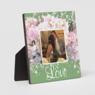 Romantic white lace hydrangeas,  pink roses plaque