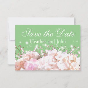 Romantic white lace hydrangeas pink roses save the date