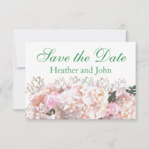 Romantic white lace hydrangeas pink roses save the date