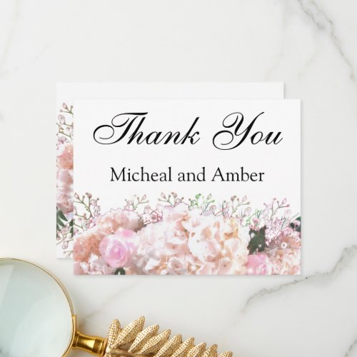 Romantic white lace hydrangeas pink roses  thank you card