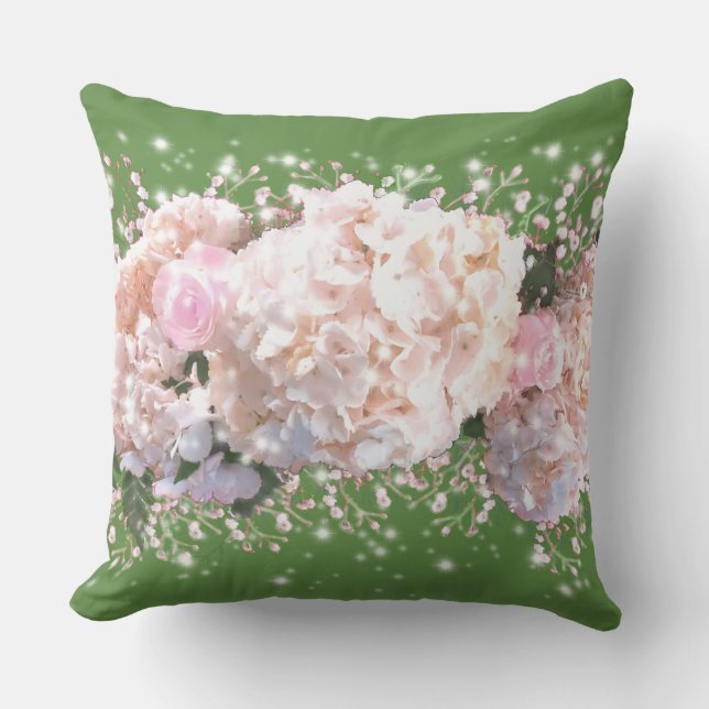 Romantic white lace hydrangeas pink roses throw pillow (Front)