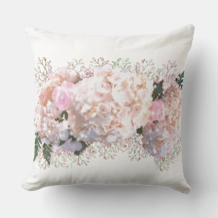 Romantic white lace hydrangeas pink roses throw pillow