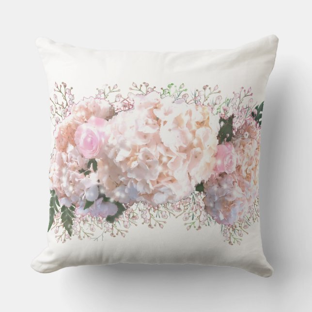 Romantic white lace hydrangeas pink roses throw pillow (Front)