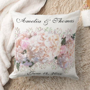 Romantic white lace hydrangeas pink roses throw pillow