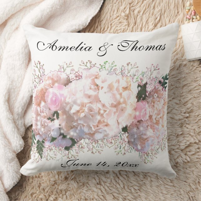 Romantic white lace hydrangeas pink roses throw pillow (Blanket)