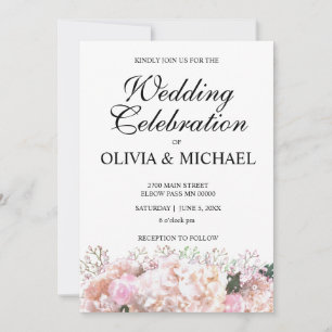 Romantic white lace hydrangeas pink roses Wedding  Invitation