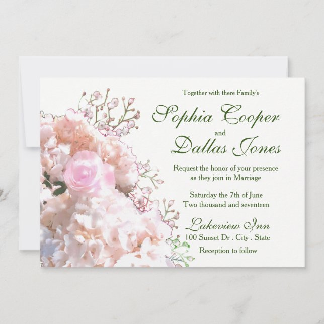 Romantic white lace hydrangeas pink roses Wedding Invitation (Front)