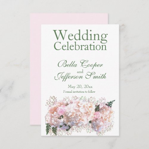 Romantic white lace hydrangeas pink toses save the date