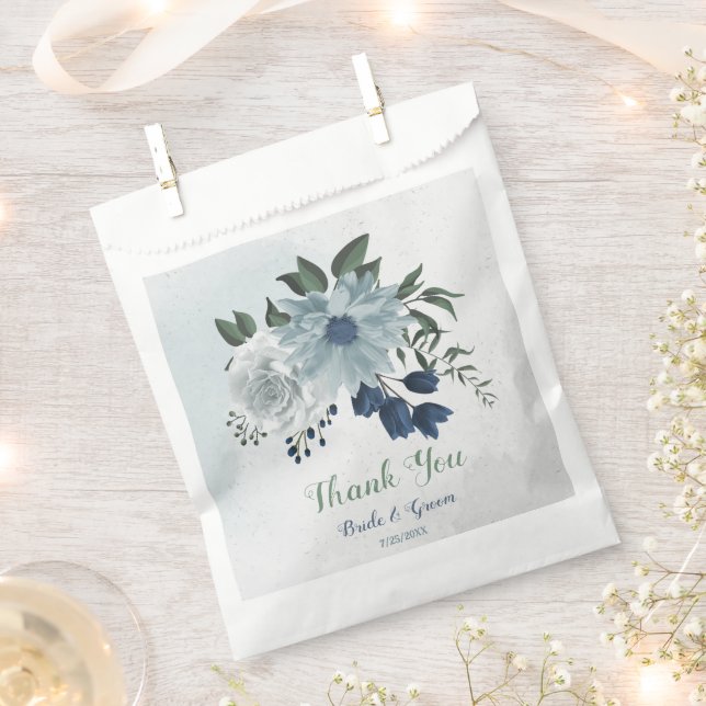romantic white navy & dusty blue flowers wedding favor bag (Clipped)