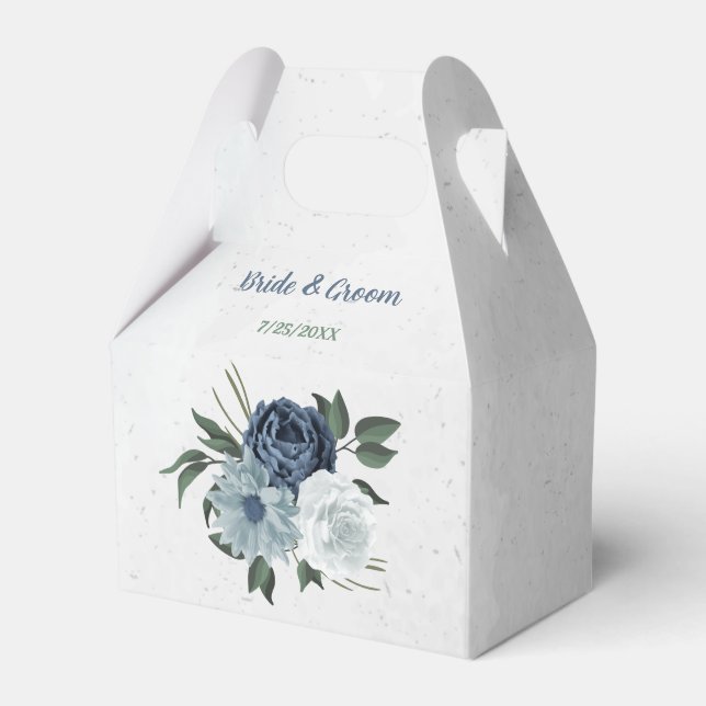 romantic white navy & dusty blue flowers wedding favor boxes (Front Side)