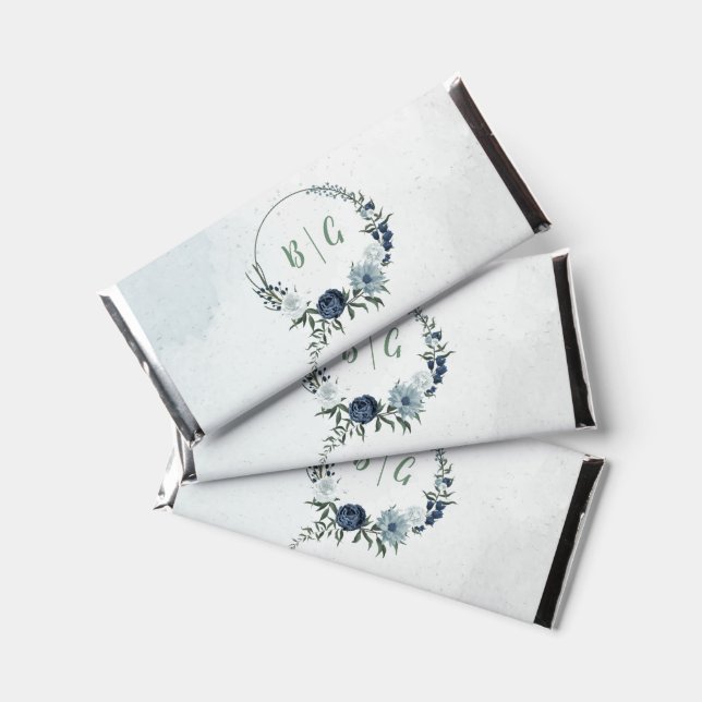 romantic white navy & dusty blue flowers wedding hershey bar favors (Front)