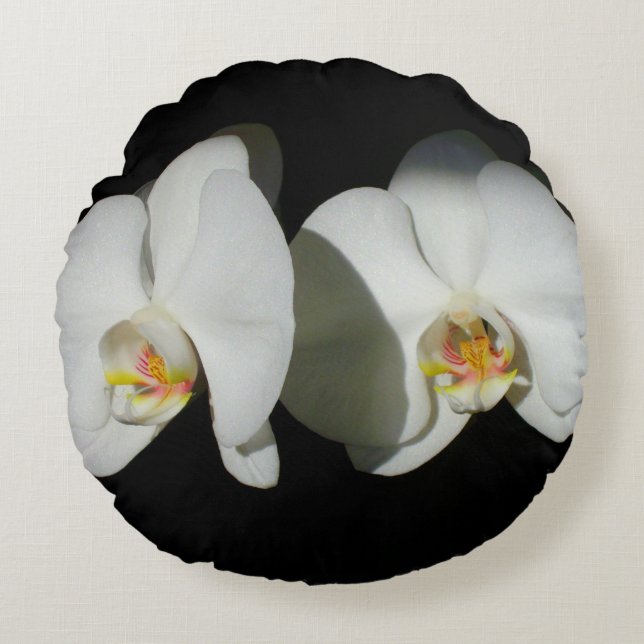 Romantic White Orchids, tropical floral photo Round Pillow (Front)