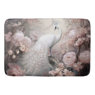 Romantic White Peacock and Blush Pink Flowers Bath Mat