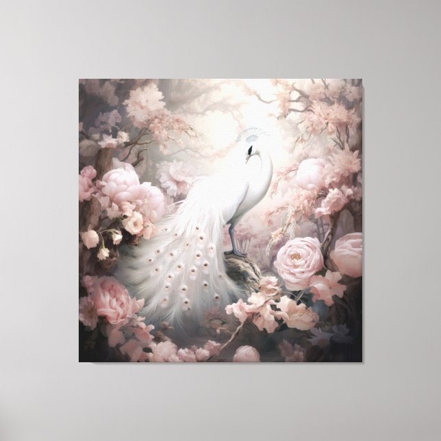 Romantic White Peacock and Blush Pink Flowers Canvas Print (Front)