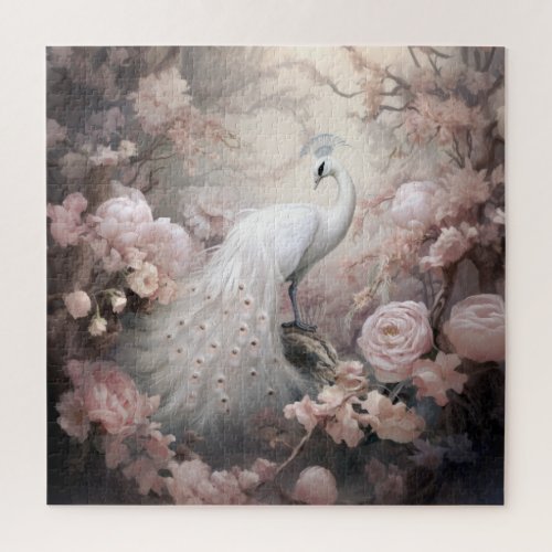 Romantic White Peacock and Blush Pink Flowers Jigsaw Puzzle