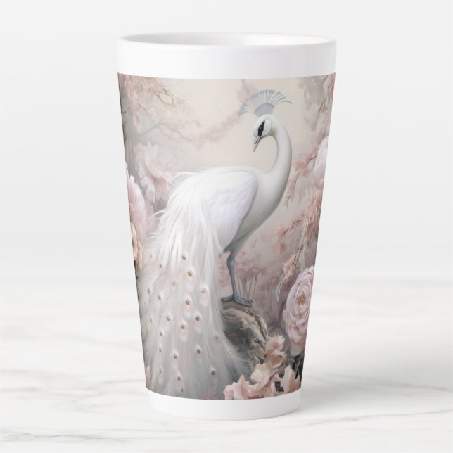 Romantic White Peacock and Blush Pink Flowers Latte Mug (Front)