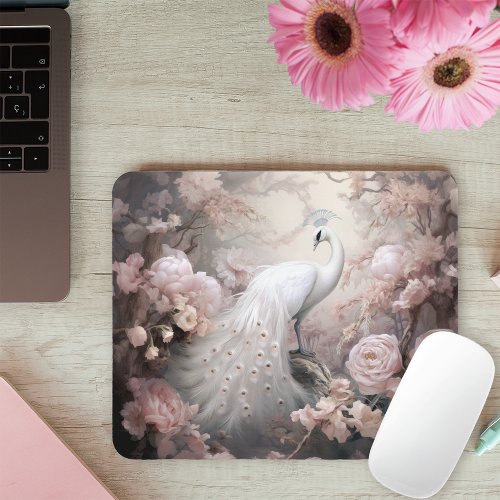 Romantic White Peacock and Blush Pink Flowers Mouse Pad