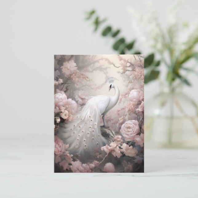 Romantic White Peacock and Blush Pink Flowers Postcard (Standing Front)