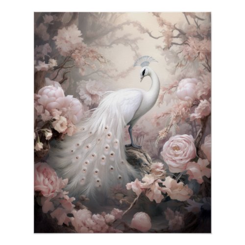 Romantic White Peacock and Blush Pink Flowers Poster
