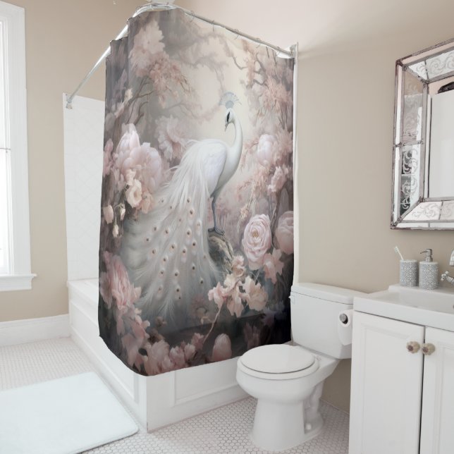 Romantic White Peacock and Blush Pink Flowers Shower Curtain (In Situ)