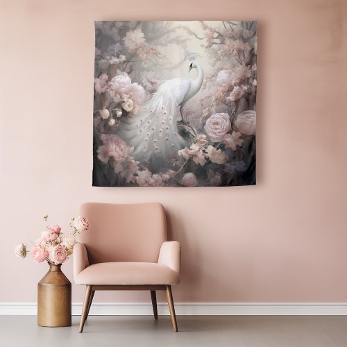 Romantic White Peacock and Blush Pink Flowers Tapestry