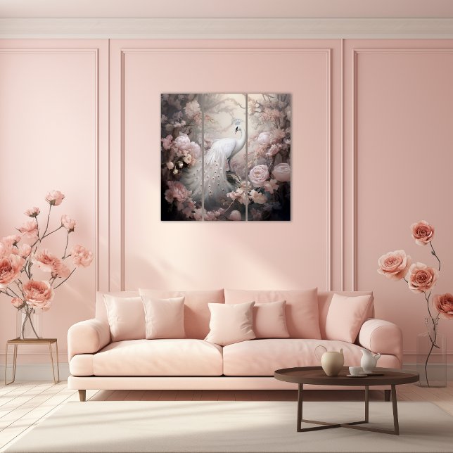 Romantic White Peacock and Blush Pink Flowers Triptych (Creator Uploaded)