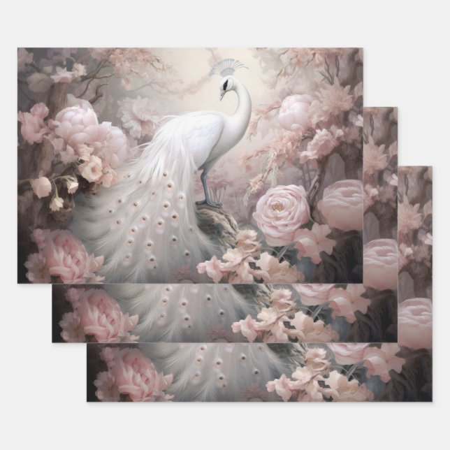 Romantic White Peacock and Blush Pink Flowers Wrapping Paper Sheets (Set)
