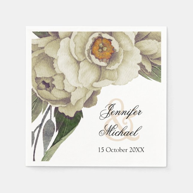 Romantic White Peonies Wedding Napkins (Front)