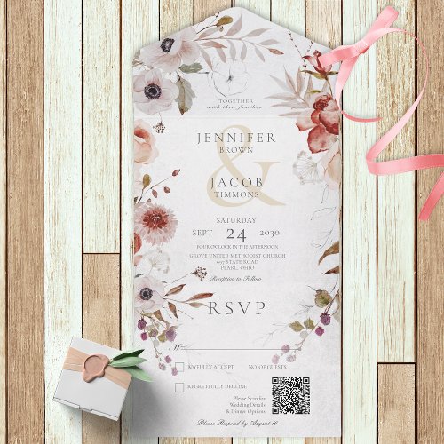 Romantic White  Pink Floral QR Code All In One Invitation