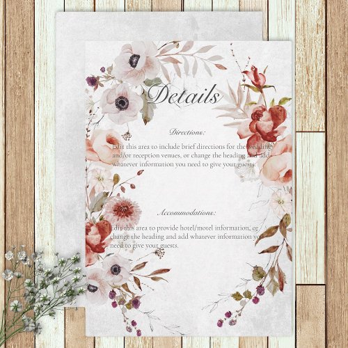Romantic White Pink Floral Wedding Details Enclosure Card