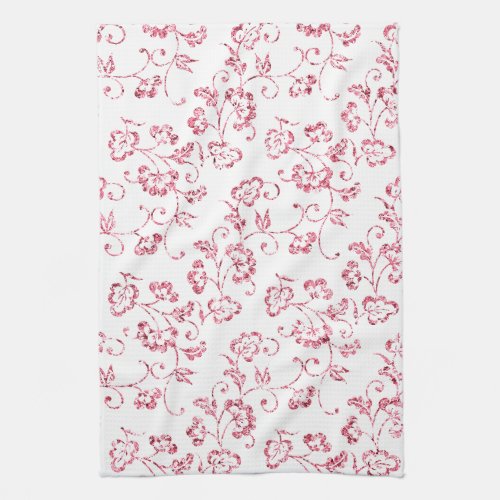 Romantic White Pink Glitter Floral  Kitchen Towel