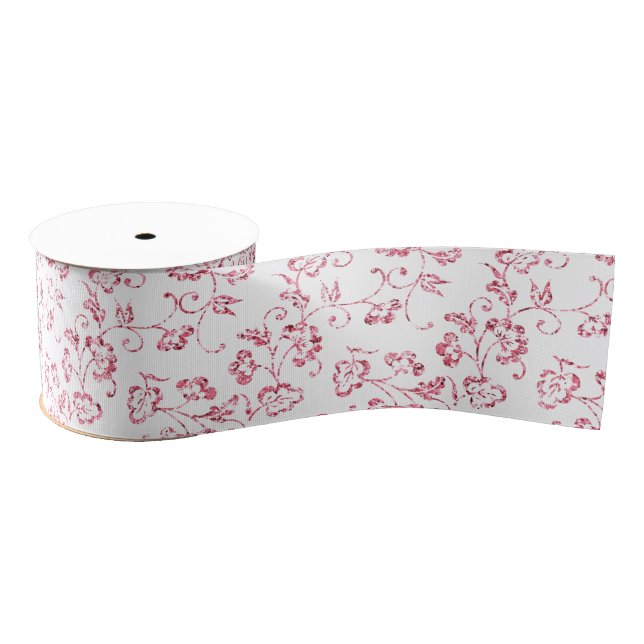 Romantic White Pink Glitter Floral Wedding Grosgrain Ribbon (Spool)