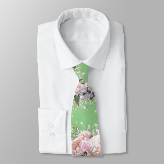 Romantic white pink hydrangeas, pink white flowers neck tie (Tied)