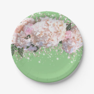 Romantic white pink hydrangeas, pink white flowers paper plates