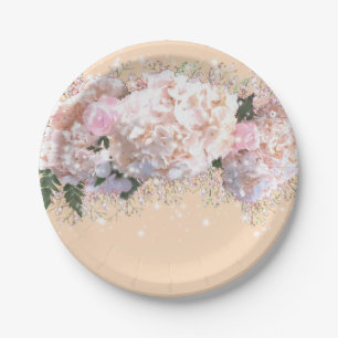 Romantic white pink hydrangeas, pink white flowers paper plates